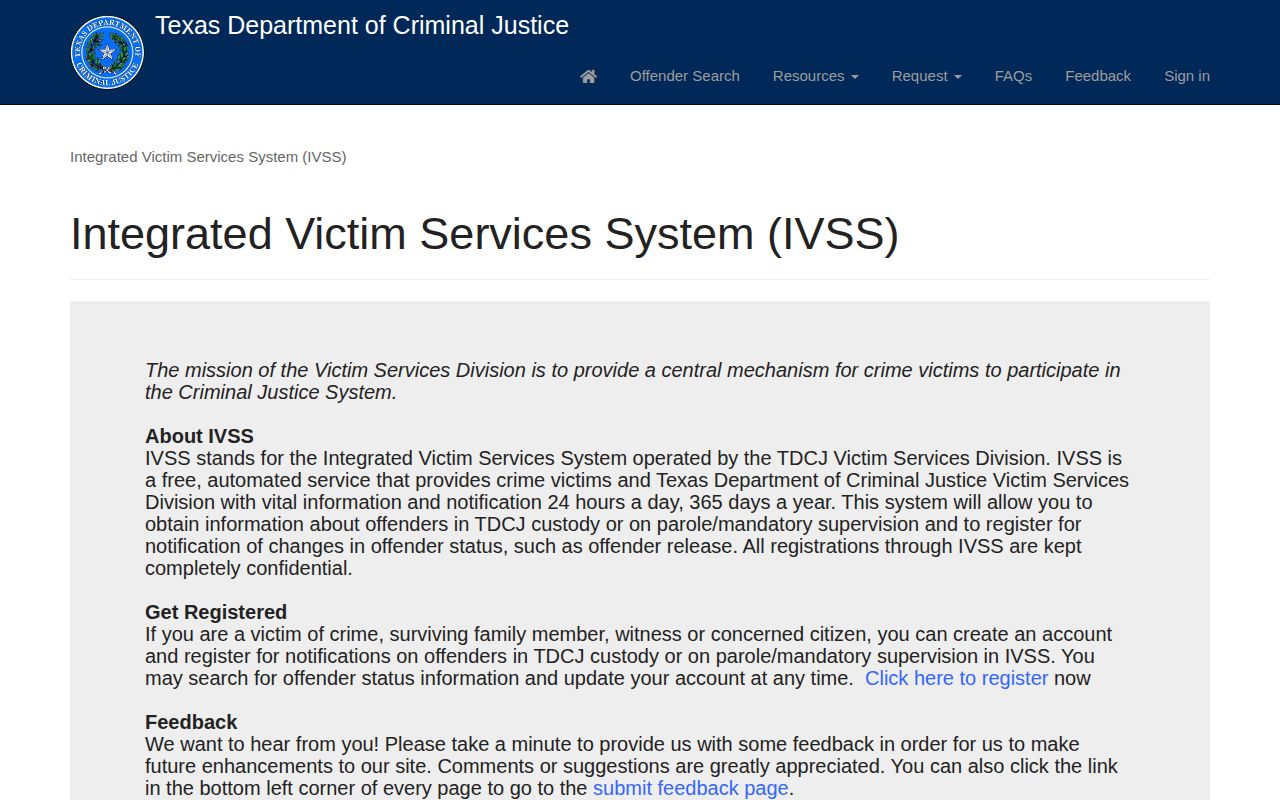 Texas Integrated Victim Services System portal for state prison and parole notifications