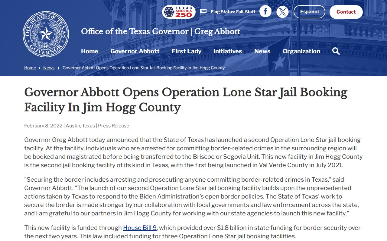 Texas Governor page announcing the Operation Lone Star booking facility in Jim Hogg County