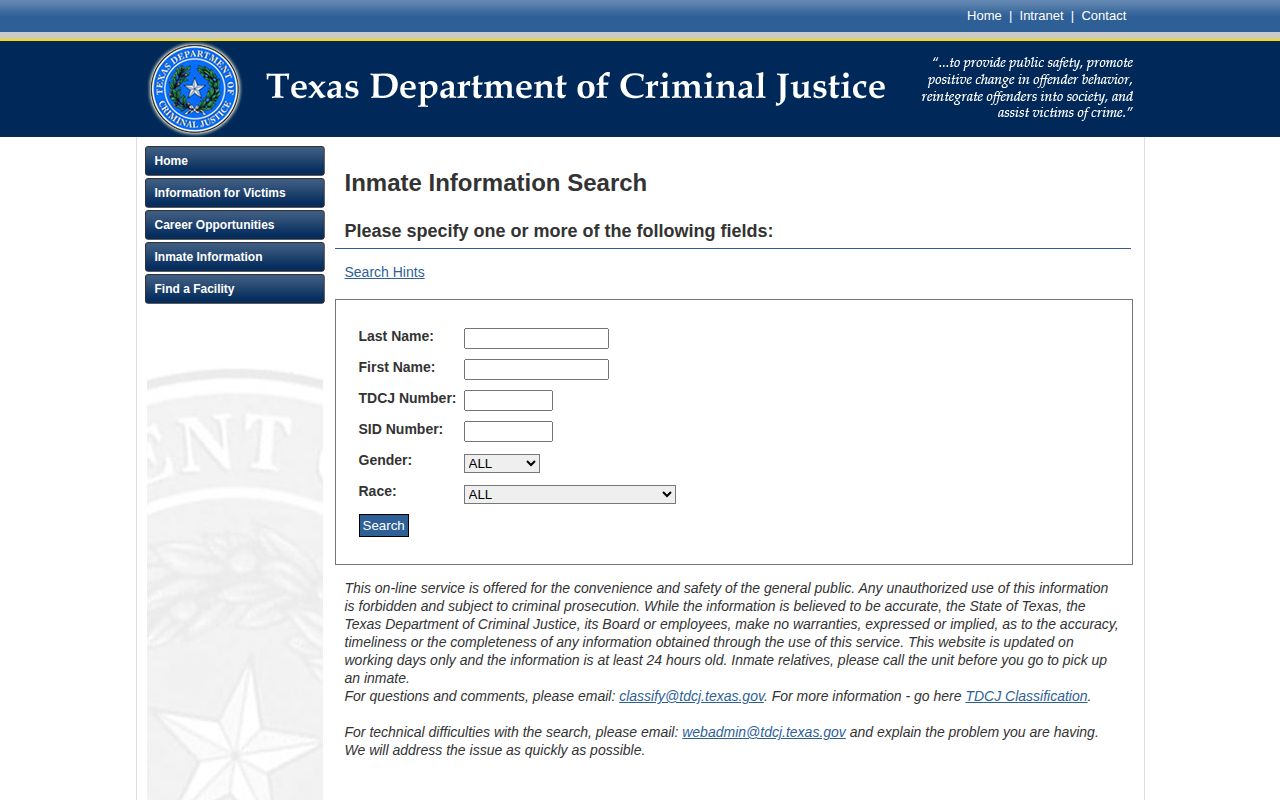 Texas Department of Criminal Justice inmate search form used for projected release research